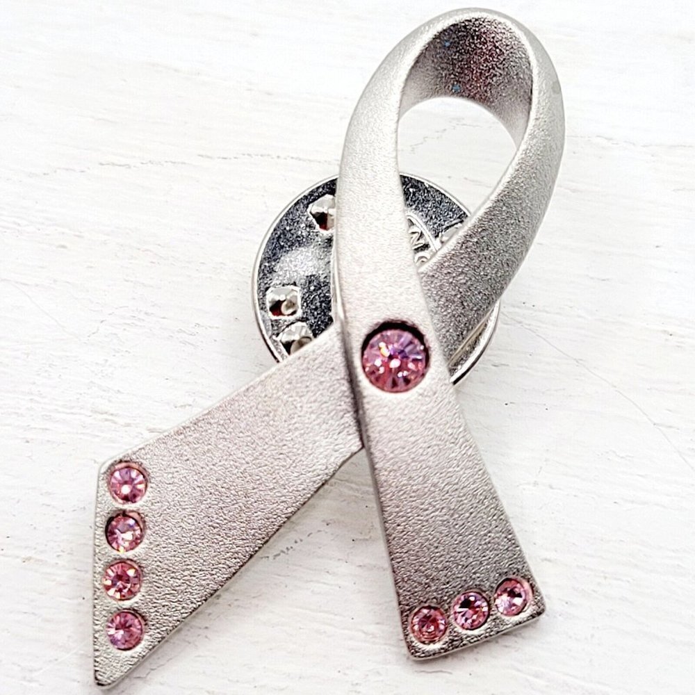 AVON Breast Cancer Awareness Ribbon Tie Tac Lapel Pin Satin Silver Tone Pink